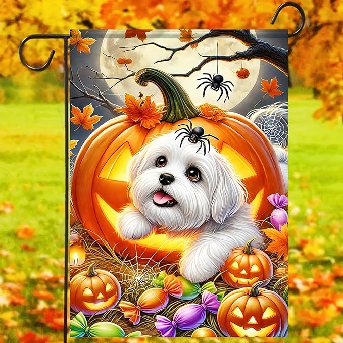 Welcome Halloween Garden Flag 12 x 18 Double Sided Maltese-Dog Garden Flag Lantern Pumpkin Black Yard Small Flag Lawn Outside Decor Funny Holiday Outdoor Home Decoration Banner