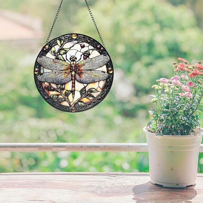 Stained Glass Window Hanging - Dragonfly Plant Suncatcher Ready to Hang Window Doors Home Decoration, 9.8 inch