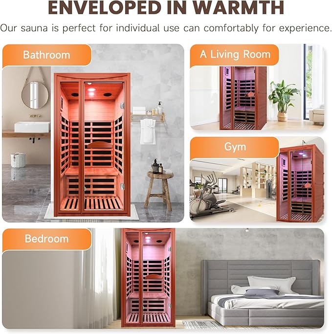 Far Infrared Intdoor Sauna Okoume Wooden Saunas Spa 1550W Dry Sauna Room for 1-2 Person with Bluetooth 7 Color Light 39.37 * 35.43 * 74.8 inch