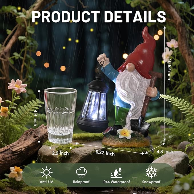 Garden Gnome Outdoor Decoration with Shovel Solar Gnomes Statue with Lantern LED Lights,Terrace Courtyard Lawn Patio Porch Decoration Mother's Day Christmas Housewarming Gift for Mom Women