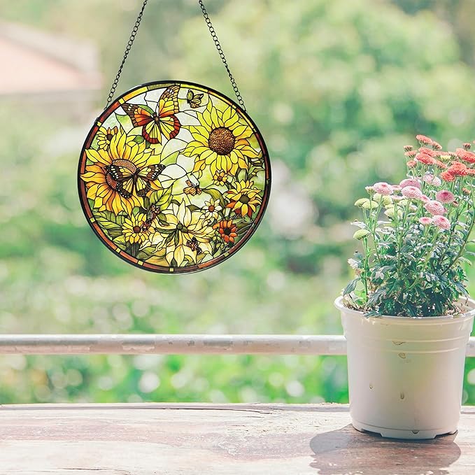 Sunflower Hanging Stained Glass for Windows,Hand-Painted Sun Catcher Garden Hangings，7.9 inch
