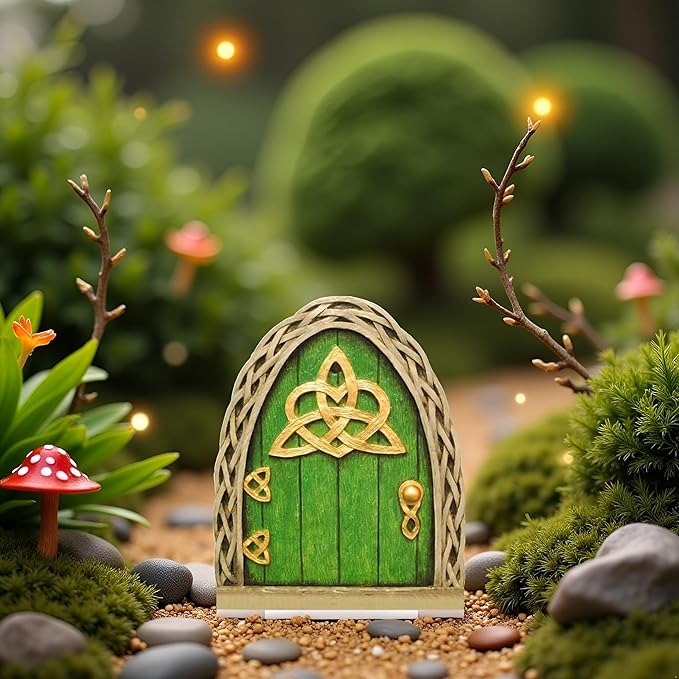 Green Mini Fairy Garden Door for Tree, 3D Miniature Fairy Door for Fairytale Tiny House Doors, Bonsai Terrarium Micro Landscape Decoration Accessories Garden Miniatures