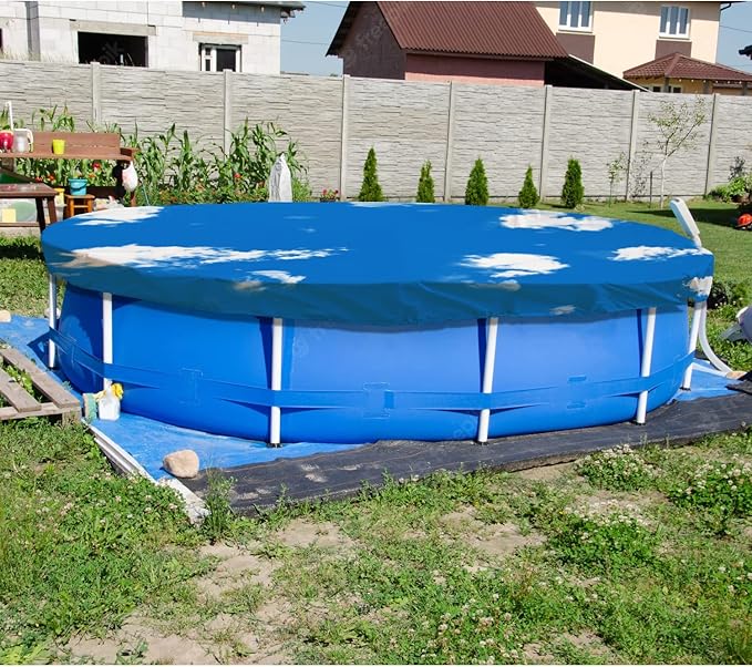 ECOOPTS 10 ft Waterproof Round Polyester Pool Cover for Above Ground Pools, Swimming Pool Cover Protector Winter Safety Cover (Blue Sky)