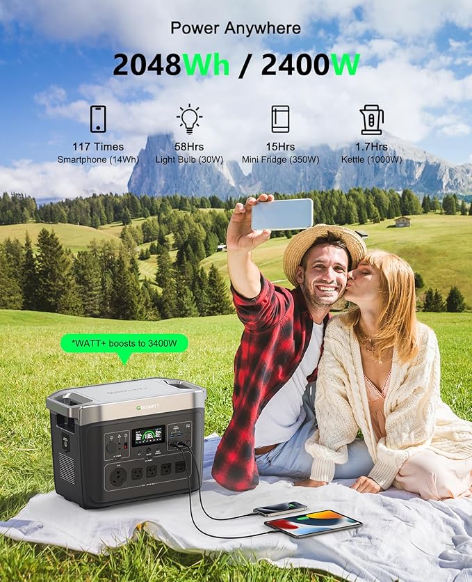 GROWATT Portable Power Station with 200W Solar Panel，Black Infinity 2000 Electric Solar Generator，2048Wh LifePO4 Battery, 2200W AC Output for Home Use, Outdoor Camping, RVs and Emergency Backup