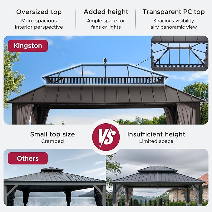 SUNJOY Kingston 16' x 12' Hardtop Gazebo with Galvanized Steel/Polycarbonate Double Roof, Curtain and Netting, Brown Aluminum Posts Permanent Pavilion Gazebo for Garden, Patio, Deck, Lawn