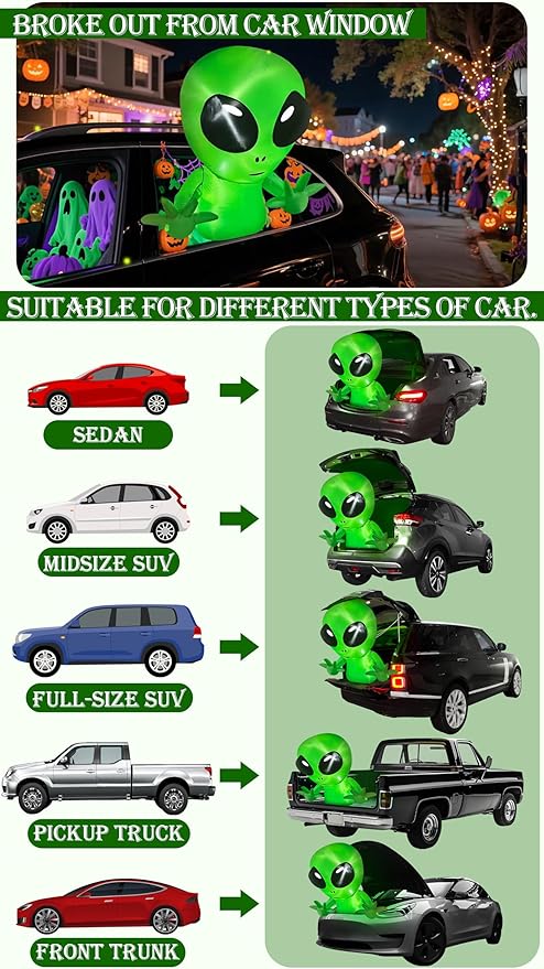 3.5 Ft Halloween Inflatable Alien Trunk Or Treat Car Decoration with Built-in LEDs, Halloween Blow Up Alien Broke Out from Car Decoration Outdoor Yard Decor