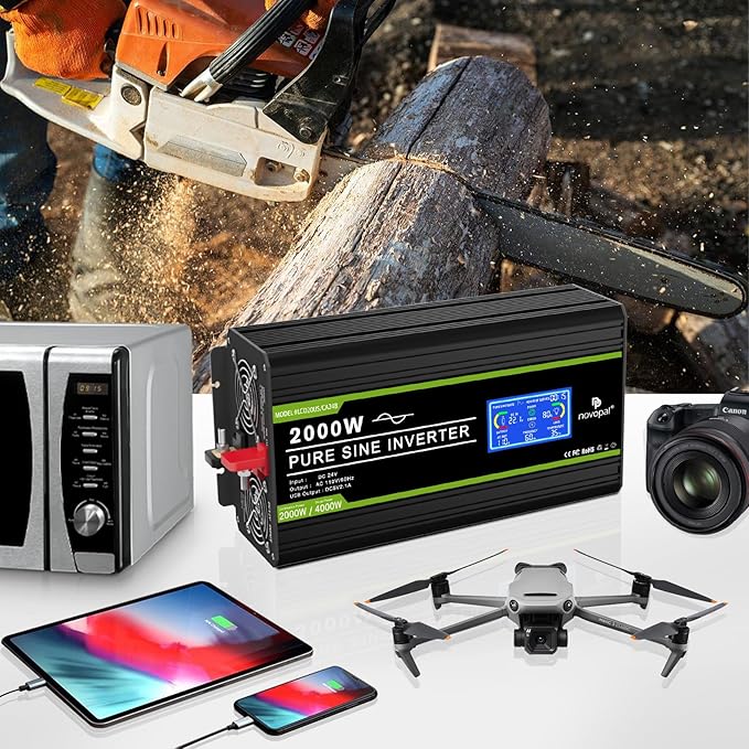 Novopal 2000 Watts Pure Sine Wave Inverter 24V DC to 120V AC Converter for Truck,Home, RV, Off-Grid Power Inverter 24V to 110V with LCD Display, Remote Controller Black