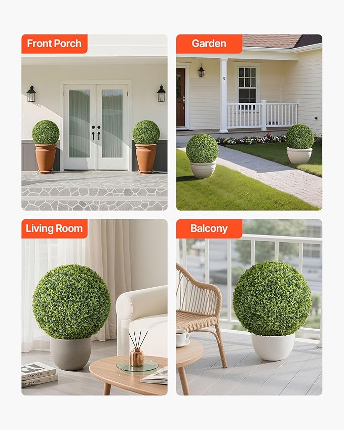 VEVOR Artificial Topiary Ball, 23 inch Faux Boxwood Plant Balls, Fake Silk Tree Look Real, Easy Assembly for Decor Front Porch Outdoor Patio Garden Balcony Backyard and Indoor Home Wedding, Green