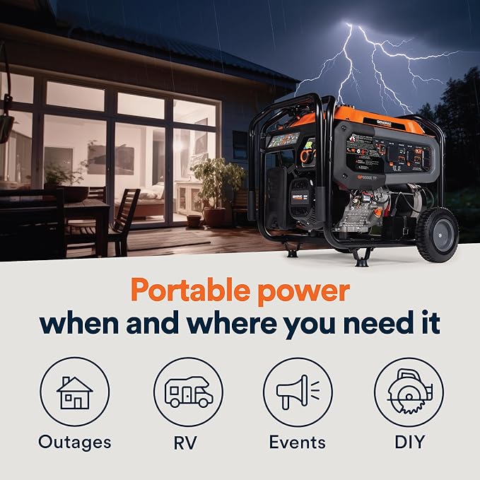 Generac 12,500 Starting Watt Tri-Fuel Portable Generator - Electric Start - Gas, Propane or Natural Gas - Home Backup, Jobsite, or RV - Quiet Operation - Long Runtime - 50-State Compliant