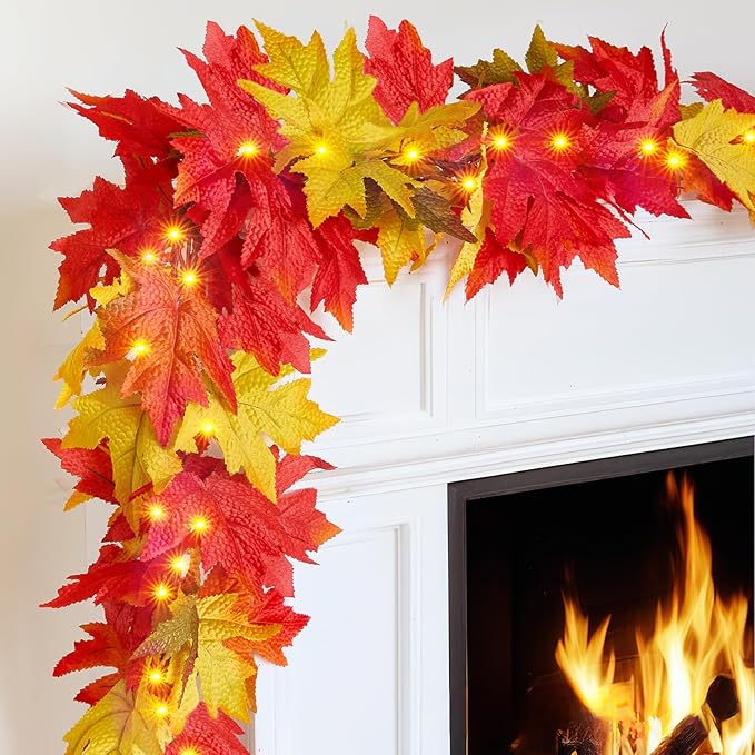Fall Decorations for Home Large Maple Leaves 9Ft Plug in Fall Lights with 50 Orange Bulbs UL Certified Connectable Fall Decor Garland for Indoor Outdoor Halloween Thanksgiving Harvest Decorations