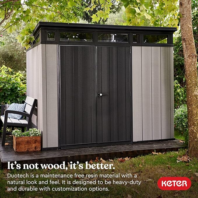 Keter Artisan 9x7 Foot Large Outdoor Shed with Floor with Modern Design for Patio Furniture, Lawn Mower, Tools, and Bike Storage, feet, Grey/Black