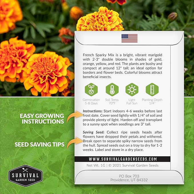 5 Packs French Sparky Marigold Seeds for Planting with Instructions to Grow Large Tagetes Patula Flowers in Your Home Vegetable Garden - Non-GMO Heirloom - Survival Garden Seeds