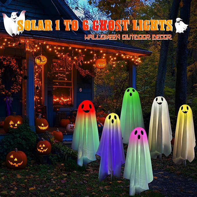 Halloween Ghost Pathway Lights with Stakes, 6PCS Solar Colorful Light Ghost Decorations, Waterproof Outdoor Lights for Yard, Lawn, Driveway, Halloween Decor