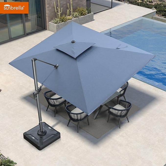 PURPLE LEAF Cantilever Umbrella with Base Included 9' X 12' Outdoor Patio Rectangular Umbrella with Double Top Large Heavy Duty 360° Rotation Offset for Deck Garden Pool Spectrum Denim