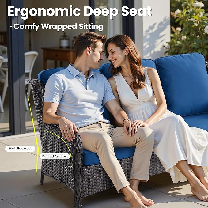 ovios 10 Pieces Patio Furniture Set, Outdoor Wicker Sofa Couch with Swivel Chairs 54" Fire Pit Table, High Back All Weather Modern Conversation Sets, Brown Rattan, Navy Blue