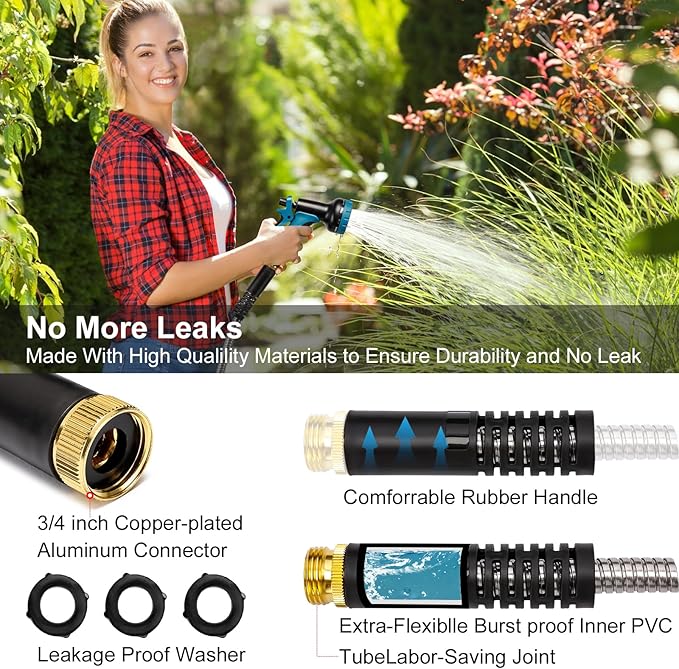 Metal Garden Hose 50 FT, Stainless Steel Hose, Water Hose with 10 Function Nozzle, No Kink & Tangle, Easy to Use & Store, Heavy Duty Lightweight Outdoor Hose