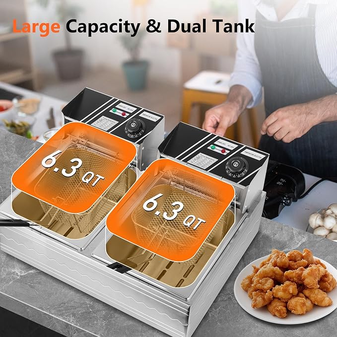 Commercial Deep Fryer, 3200W 12.6QT/12L Electric Countertop Fryer with Basket, Detachable Large Capacity Stainless Steel Countertop Electric Oil Fryer with Temperature Control for Restaurant Home Use