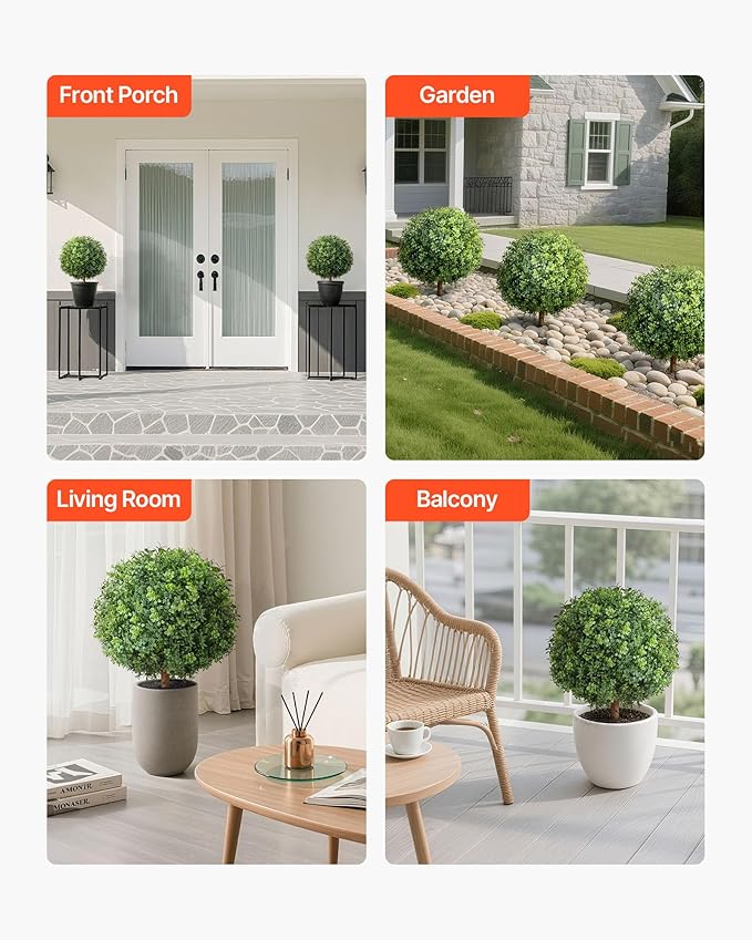 VEVOR Artificial Topiary Boxwood Trees with Ground Spike, 22 inch 2 Set Faux Shrubs & Bushes Potted Plants, Fake Silk Tree Look Real for Decor Front Porch Outdoor Indoor Patio Garden Balcony Backyard