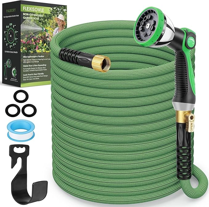 Non-Expandable Garden Hose 100 ft, Ultra Lightweight Flexible Water Hose with 10-Pattern Nozzle, Leak-Proof, High-Density Fabric, Thickened Connector, Shut-Off Valve for Yard, Lawn, Outdoor