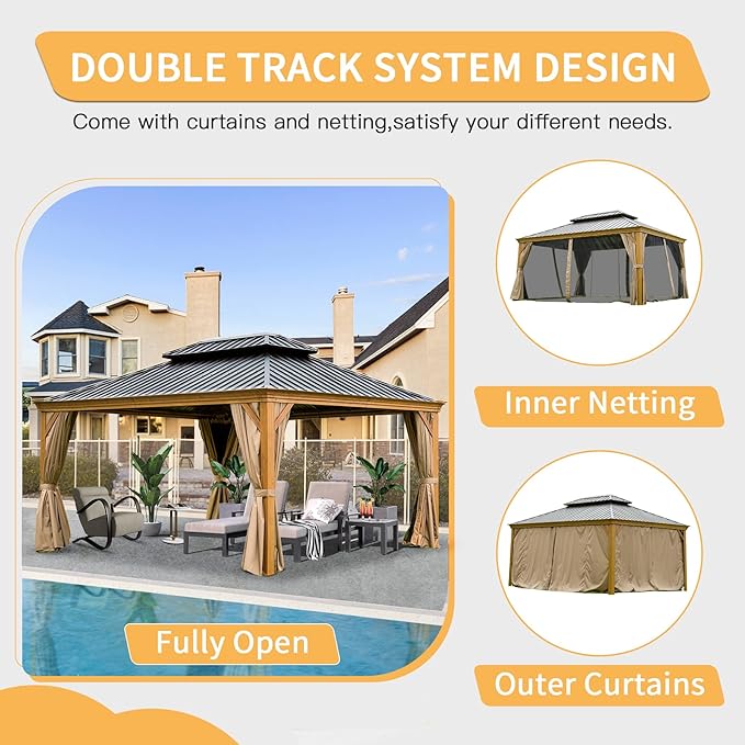 Domi Outdoor Living 12’x16’ Hardtop Gazebo, Wooden Coated Aluminum Frame Canopy with Galvanized Steel Double Roof, Outdoor Permanent Metal Pavilion with Curtains and Netting for Patio, Deck and Lawn