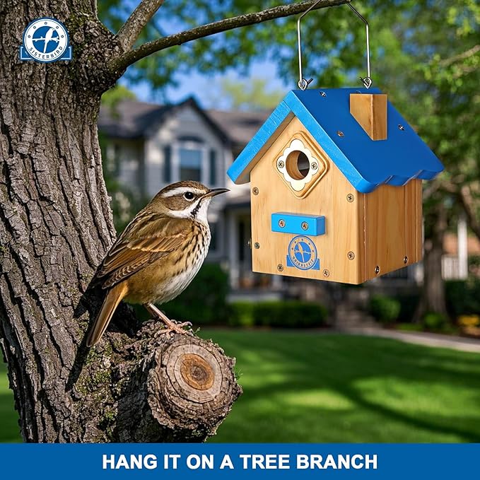 Wren Bird House for Outside, Premium Wooden Wren Bird Houses, Hanging Chickadee Bird House, Weatherproof Garden Decor Birdhouses for Outdoors, Blue Color Roof Bird Nesting Titmouse