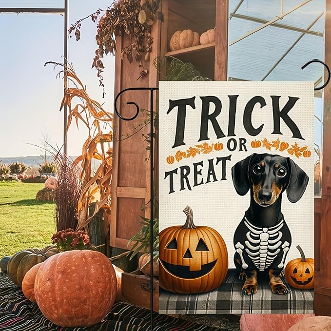 Halloween Garden Flag - Ghost Dog Trick or Treat 12x18 Double Sided Dachshund Flag for Home Yard Outdoor Skeleton Decorations