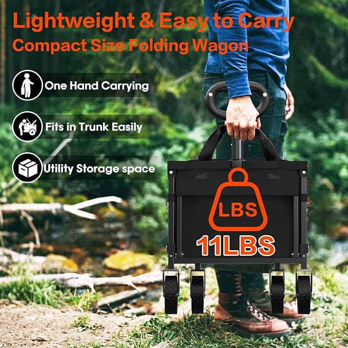 360LBS Heavy-Duty Wagons Carts Foldable 120L Collapsible Wagon Cart with Wheels and Tailgate, Folding Utility Wagon Carts for Groceries, Outdoor Camping, Shopping, Beach, Garden