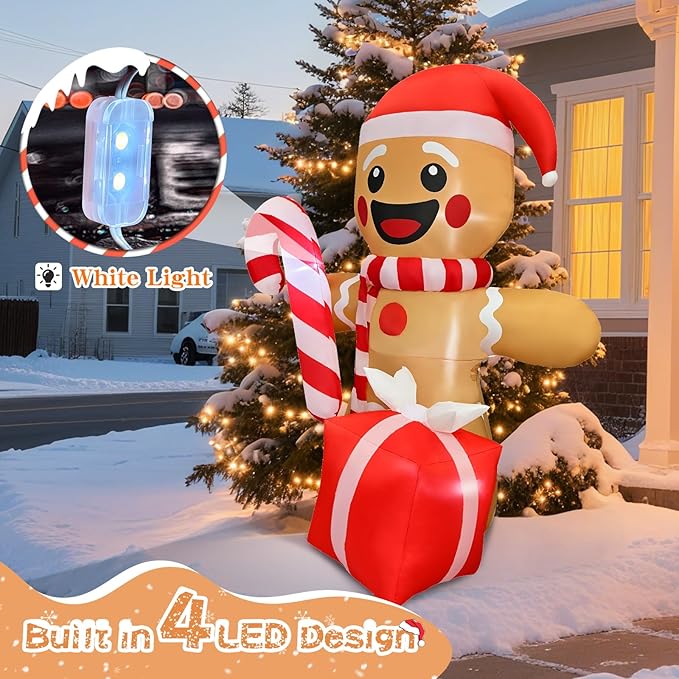 2025 Christamas Inflatable Gingerbread 6FT Gingerbread Man with Gift Box Christamas Inflatables Outdoor Decoration Xmas Gingerbread Blow Up Decor with Built-in 4 LED for Holiday Party Yard Garden Lawn