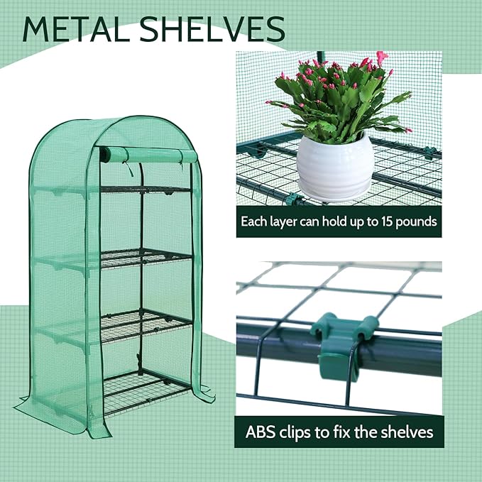 EAGLE PEAK 4-Tier Mini Greenhouse Portable Green House with Shelves & Weather-Resistant PE Cover, Small Greenhouse for Seedlings & Gardening Gifts, 32x18x63 in, Clear/Green