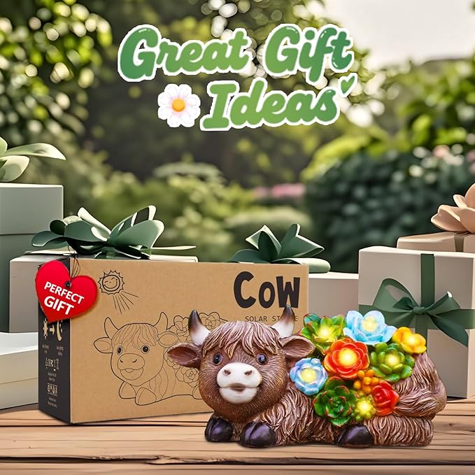 Nacome Solar Garden Statues Highland Cow with Succulent and 6 LED Lights - Lawn Decor for Patio Balcony Yard Ornaments - Birthday Gifts Mom Grandma Women(Brown)