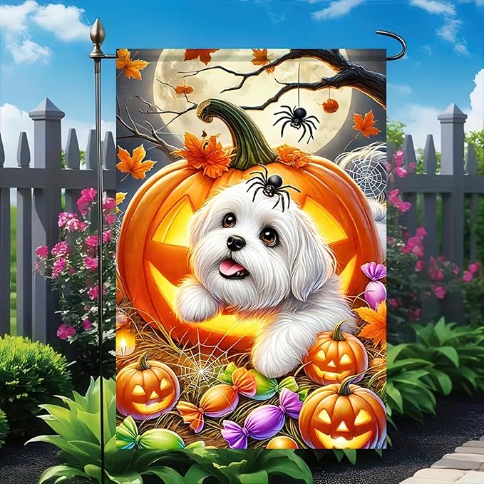 Welcome Halloween Garden Flag 12 x 18 Double Sided Maltese-Dog Garden Flag Lantern Pumpkin Black Yard Small Flag Lawn Outside Decor Funny Holiday Outdoor Home Decoration Banner