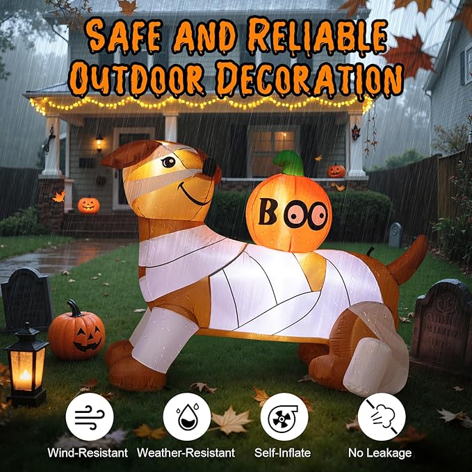 Dawdix 5FT Halloween Inflatable Mummy Dog Outdoor Decoration, Funny Blow Up Puppy Wrapped in Toilet Paper with Boo Pumpkin, Halloween Inflatable Dachshund Decor for Yard, Lawn, Garden, Porch