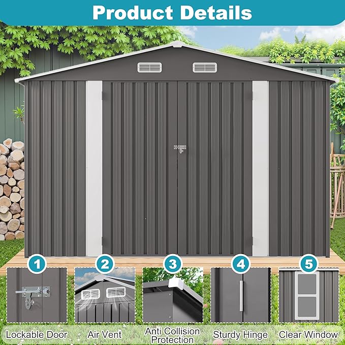 10x12 FT Outdoor Storage Shed, Large Metal Tool Shed with Peaked Roof and Lockable Door, Galvanized Steel Garden Shed with Clear Windows for Backyard Garden Patio Lawn, Gray