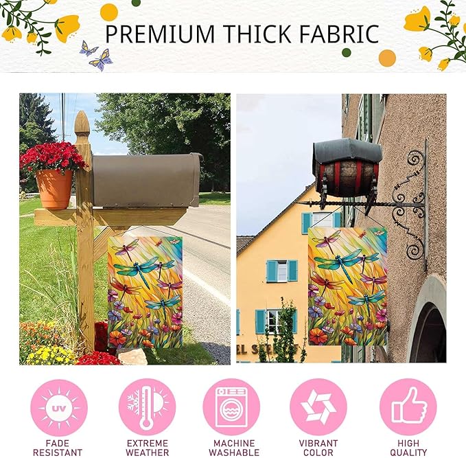 Spring Summer Dragonfly Garden Flag Floral Flowers Garden Flag Vertical Double Sided Rustic Farmland Burlap Yard Lawn Outdoor Decor 12.5x18"