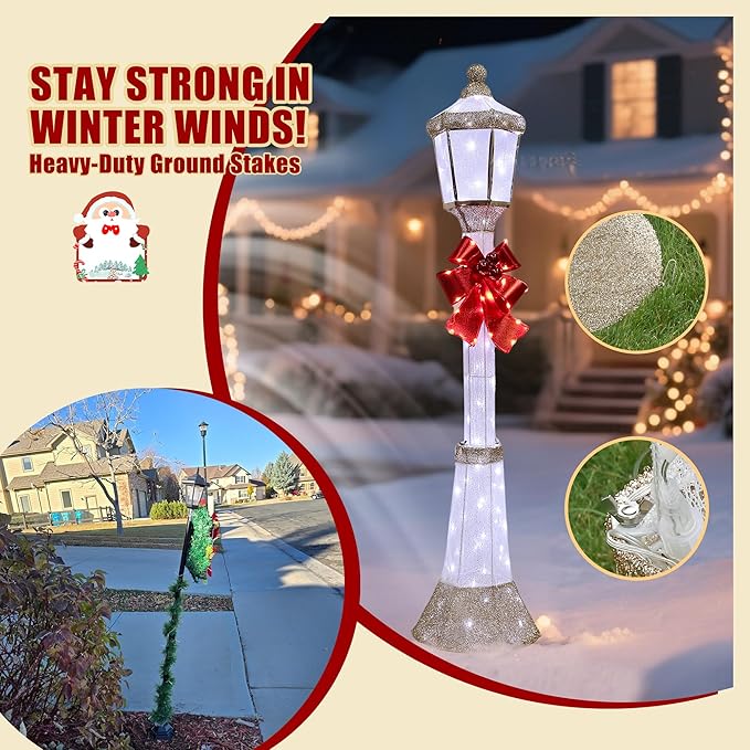 60Inch Outdoor Christmas Decorations Outdoor Lighted Lamp Post 3D Lamppost LED Lighted Display with 128 LED Lights&Bow, Holiday Decorations for Yard, Porch, Patio (2-Pack)