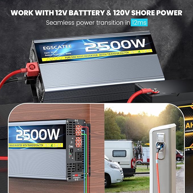 2500W Pure Sine Wave Inverter with Transfer Switch, 12V DC to 120V AC Converter with 2AC Outlets, USB Port, Type-C Port, Remote Controller, Power Inverter for RV, Outdoor, Auto Swtich to Shore Power
