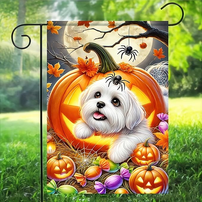 Welcome Halloween Garden Flag 12 x 18 Double Sided Maltese-Dog Garden Flag Lantern Pumpkin Black Yard Small Flag Lawn Outside Decor Funny Holiday Outdoor Home Decoration Banner