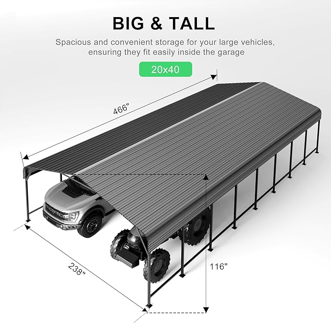20x40 Heavy-Duty Metal Carport, Galvanized Steel Shelter for Pickup Trucks, Boats, Cars & Tractors, All Weather Protection Outdoor Vehicle Cover