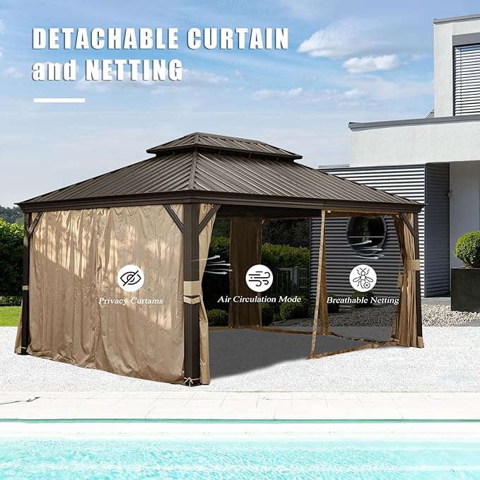 Domi 10'x14' Hardtop Gazebo withGutters, Outdoor Aluminum Frame Canopywith Galvanized Steel Double Roof,Outdoor Permanent Metal Pavilion withCurtains and Netting for Patio, Backyardand Lawn Brown