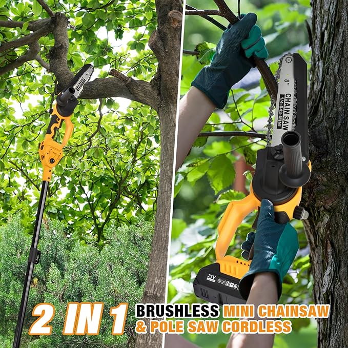 2-in-1 Electric Pole Saw, 6” & 8” Brushless Mini Chainsaw Cordless with Extension Pole & 2 x 21V Batteries, Tree Trimmer Tool for Branch Cutting & Pruning, Home & Garden & DIY