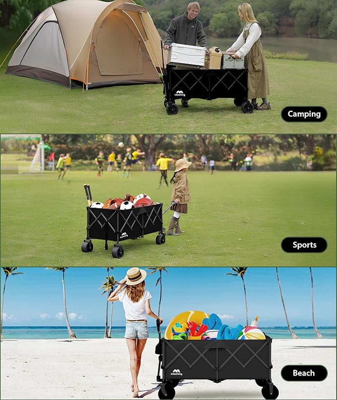48”L Foldable Wagons Carts Extended, Collapsible Folding Wagon 500lbs Heavy Duty, 320L Large Beach Wagon, Utility Wagon with All Terrain Big Wheels for Sports, Camping, Grocery, Garden, Black
