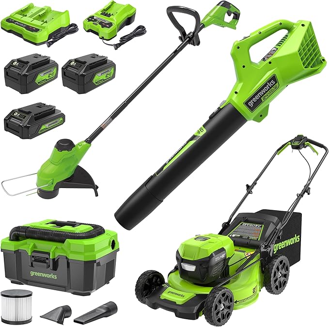 Greenworks 48V (2x24V) Lawn Mower Combo - 21" self propelled Lawn Mower, 12" String Trimmer, 320 CFM Blower, Wet/Dry Shop Vacuum – Ideal for Home Yard Work & Indoor Cleaning