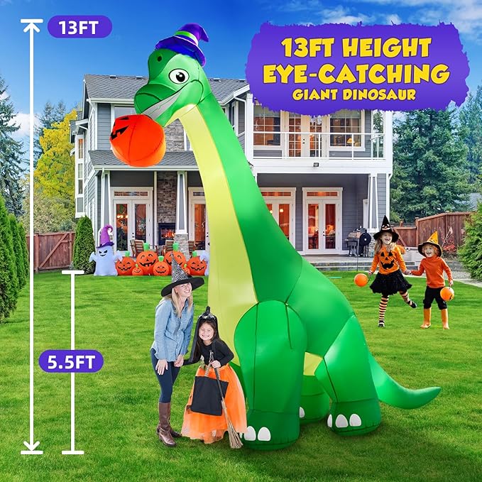 13Ft Giant Halloween Dinosaur Inflatable Decorations, Bite Large Pumpkin with Witch Hat Build-in LED Light Strong Blower Huge Blow Up Yard Clearance Decor for Outdoor Indoor Holiday Party Yard
