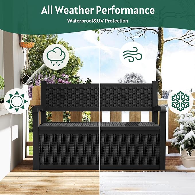 70 Gallon Outdoor Storage Bench, Deck Box Bench with Armrest, Lockable Outside Benches with Storage, Deck Boxes Waterproof for Pool Patio Garden (Black)