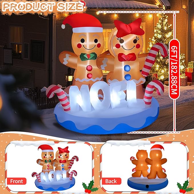 2025 Christamas Inflatable Gingerbread 6FT Gingerbread Man Couple with Candy Canes Christamas Inflatables Outdoor Decorations Xmas Blow Up Decor with Built-in 8 LEDs for Holiday Yard Garden Lawn