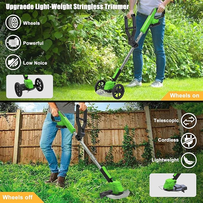 Cordless Weed Wacker Eater Battery Powered, 21V Lightweight Electric Weed Trimmer with 2 Battery Operated & Charger& Wheels & Shears, No-String Grass Trimmer/Brush Cutter/Lawn Edger for Yard Garden