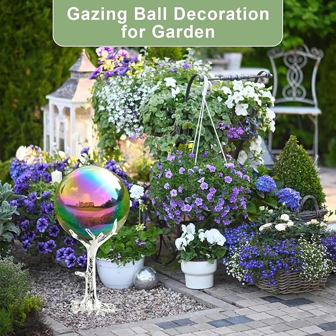 Nerien 8 Inch Gazing Ball, Stainless Steel Garden Mirror Globe, Polished Ornament Sphere, Hollow Floating Reflective Hemisphere, Home Outdoor Pond Housewarming Swimming Pool Decoration Gift, Rainbow