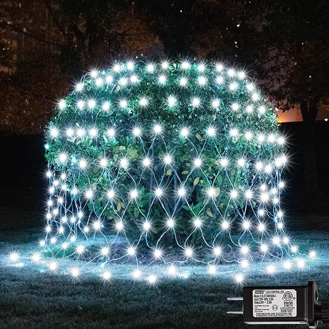 300 LED Net Lights for Bushes, 14.8ft x 5ft 8 Modes Christmas Outdoor Mesh Lights Connectable, Waterproof Decorative String Light Plug in for Xmas Tree Garden Wedding Party (Clear Wire, White)
