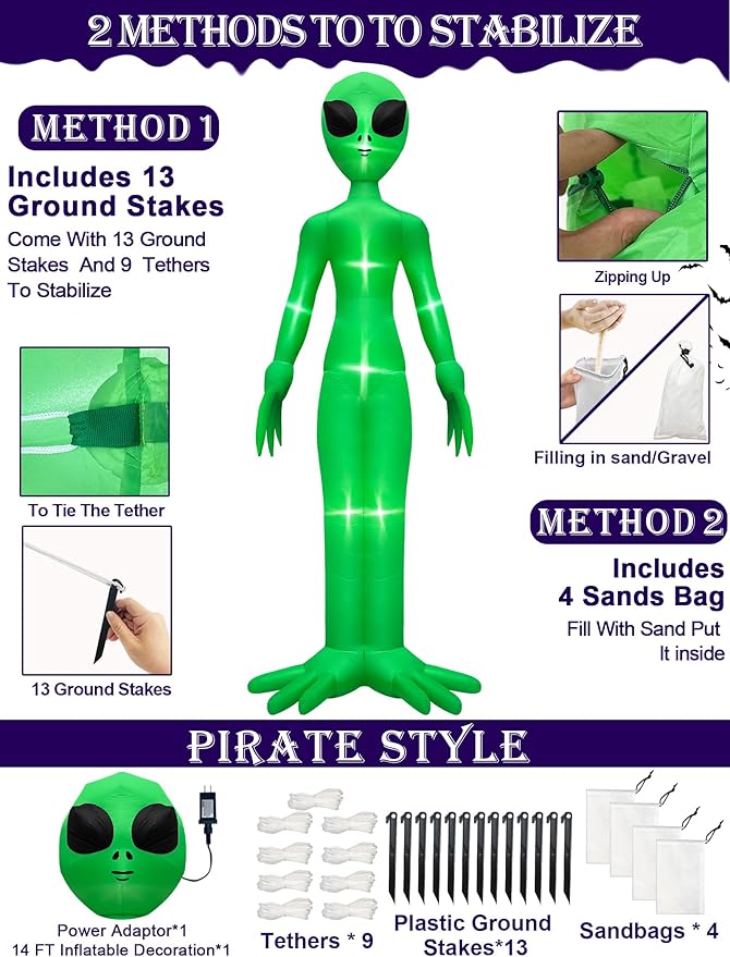 TURNMEON 14 Ft Giant Halloween Inflatable Alien Decoration with Built-in LEDs Outdoor Blow Up Alien Ghost Halloween Decor for Yard Garden Lawn Holiday Party