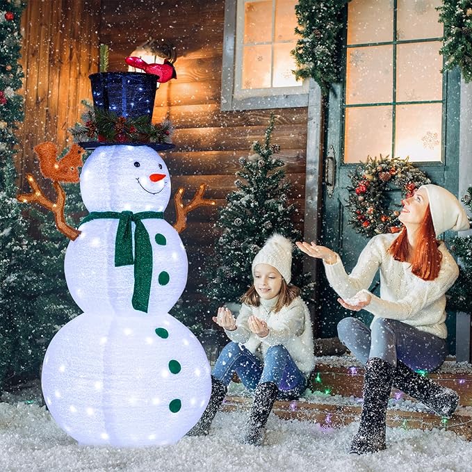 NALONE 6 FT Christmas Lighted Snowman with 200 LED Lights & Timer, Collapsible Snowman Christmas Decorations Outdoor Yard Home, Fluffy Snowman with Bird & Squirrel(6FT)